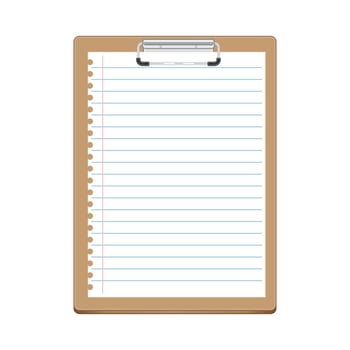 Beige clipboard with lined white sheet of notebook. White paper with lines - template for notes, checklist, questionnaire, reminders. Realistic clipboard design with metal clip and paper. Vector