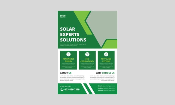 Solar Experts Solutions Flyer template. House solar energy flyer leaflet design. Green save energy poster template. cover, a4 size, flyer design vector