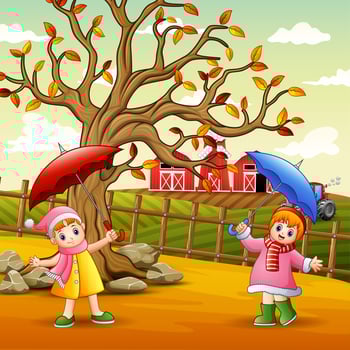 Happy girl holding umbrella at the farm landscape vector