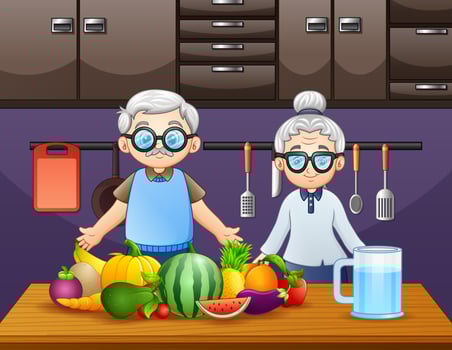Happy grandparents pair with dishes of many kinds of fruits vector