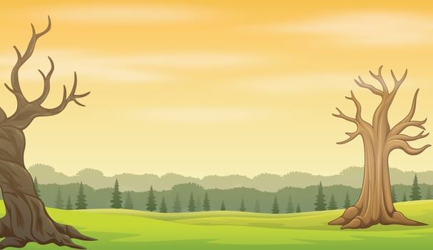 Autumn landscape with bare trees and green meadow vector