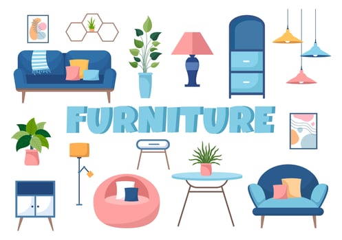Home Furniture Flat Design Illustration for the Living Room to be Comfortable Like a Sofa, Desk, Cupboard, Lights, Plants and Wall Hangings vector