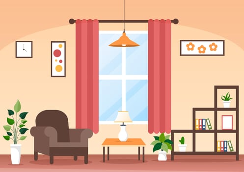 Home Furniture Flat Design Illustration for the Living Room to be Comfortable Like a Sofa, Desk, Cupboard, Lights, Plants and Wall Hangings vector