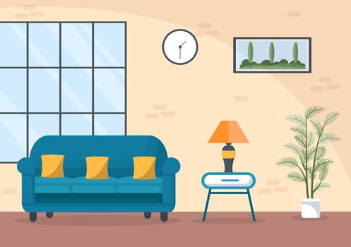 Home Furniture Flat Design Illustration for the Living Room to be Comfortable Like a Sofa, Desk, Cupboard, Lights, Plants and Wall Hangings vector