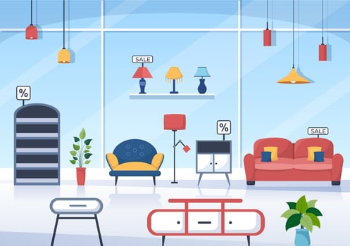 Home Furniture Store Flat Design Illustration for the Living Room to be Comfortable Like a Sofa, Desk, Cupboard, Lights, Plants and Wall Hangings vector