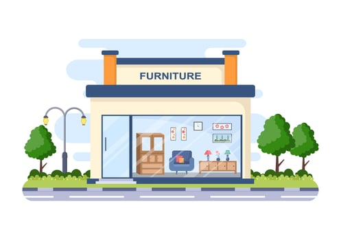 Home Furniture Store Flat Design Illustration for the Living Room to be Comfortable Like a Sofa, Desk, Cupboard, Lights, Plants and Wall Hangings vector