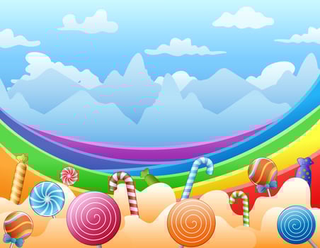 Sweet candies and rainbow on the sky vector