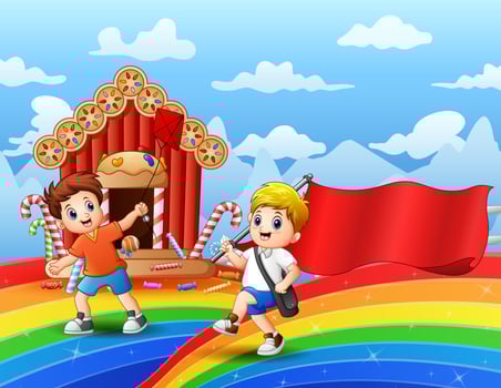 Happy boy playing in a sweet land illustration vector