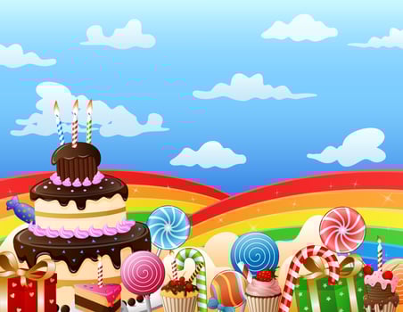 Sweet land with birthday cake and candies in the sky illustration vector