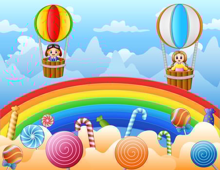 Happy kids flying over a candy land vector