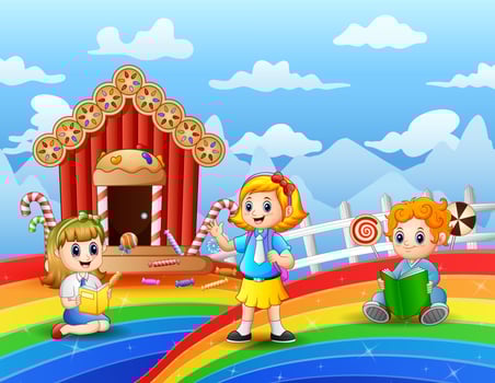 Happy kids learning in a candy land vector