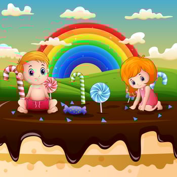 Little kids playing in a candy land illustration vector
