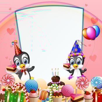 Birthday penguin with candies and pink background vector