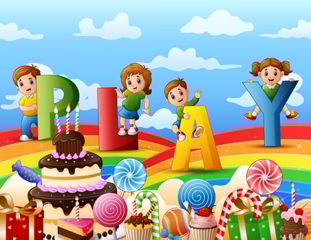 Cartoon children playing in a sweet land illustration vector