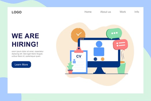 Recruitment agency landing page template. Online job interview, hiring employment process, choosing candidate, searching job concept. CV, resume and vacant. 3D vector illustration for web banner.
