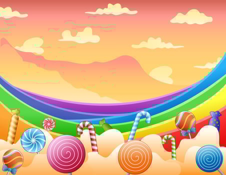Sweet candies and rainbow on the sky vector