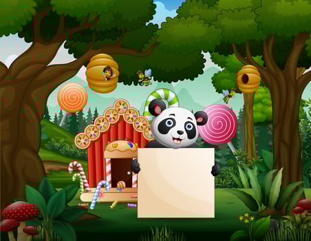 Happy panda holding blank sign in the forest vector