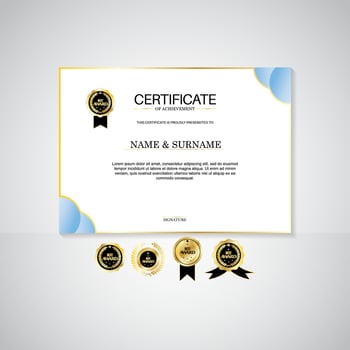 Award certificate landscape template, gold and blue colors. Clean modern certificate with gold badge. Certificate border template with modern luxury line pattern. Diploma vector template