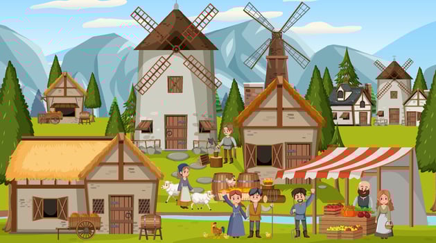 Medieval town scene with villagers and market vector