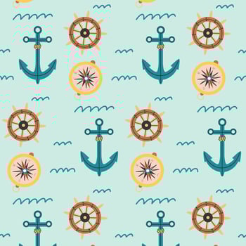 Seamless pattern sea anchor compass steering wheel vector