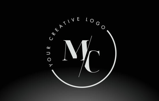 White MC Serif Letter Logo Design with Creative Intersected Cut. vector