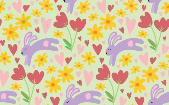 Cute Easter seamless pattern with childish simple doodle flowers, leaves, hearts and bunny rabbit on green background. Hand drawn vector springtime background texture.