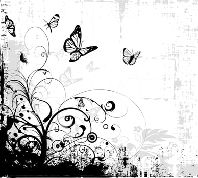 Black and white swirling grunge floral background with butterflies vector