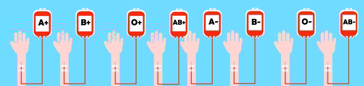 Blood type.Donation bag and hand.World blood donor day.Sign, symbol, icon or logo isolated.Save life concept.Medical background.Poster vector illustration.
