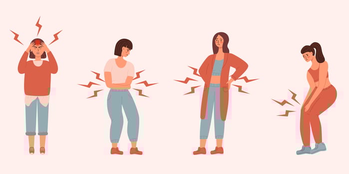 Set of unhappy womens. suffering pain or ache in different body parts - knee, head, back, stomack. Vector illustration in flat style. Healthcare, sickness, disease concept, isolated on a white