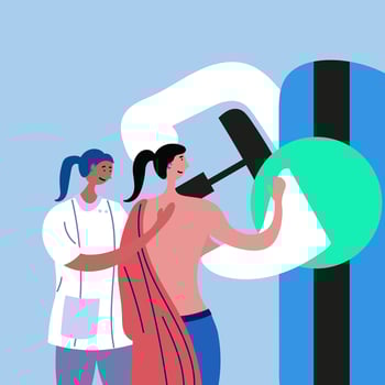 The doctor conducts mammography to the patient. Medical examination of the breast vector