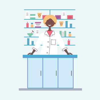 African American girl pharmacist behind the counter. Seller of medical drugs. The modern pharmacy vector