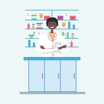 African American guy pharmacist behind the counter. Seller of medical drugs. The modern pharmacy vector