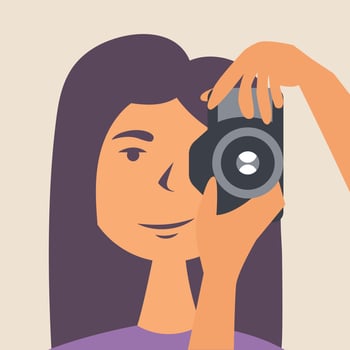 A girl photographs a selfie in a natural environment. Photographer vector