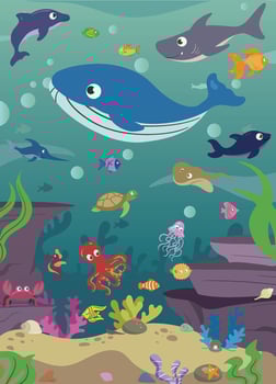 Underwater Aquatic Scene with Cute Adorable Fishes Water Corals Plants Rocks Sand. Ocean Background Scene. Underwater Elements Set. Kids Book Fishes Illustration Hand Drawn. Fishes undersea. Aquarium. vector