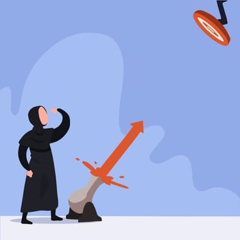 Business concept design attractive Arab businesswoman flame cannonball wick to hit target. Financial investments grow. Goal achievement, leadership, career path. Vector illustration flat cartoon style