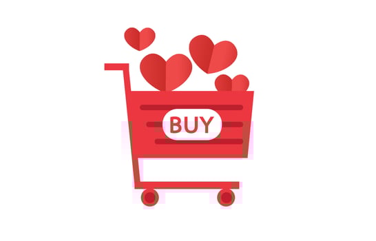 A red cart full of hearts. has wording buy on the shopping cart. Design for illustration, online shopping,  mobile app, web, coupon, symbol, banner. Buy products for a lover. vector