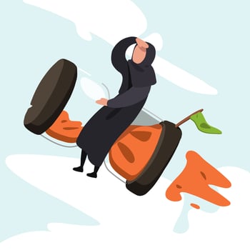 Business concept flat Arabian businesswoman riding rocket hourglass flying through sky. Business time management and deadline concept. Success, champion, victory, sandglass. Design vector illustration