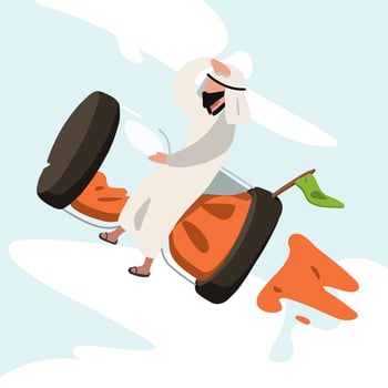 Business design of Arabic businessman riding rocket hourglass flying through sky. Business time management and deadline concept. Success, champion, victory, sandglass. Vector illustration flat cartoon