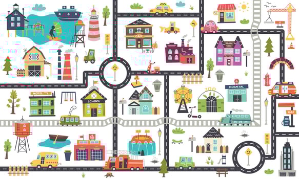 Horizontal children's map with roads, cars, buildings vector