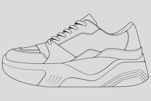 Shoes sneaker outline drawing vector, Sneakers drawn in a sketch style, black line sneaker trainers template outline, vector Illustration.