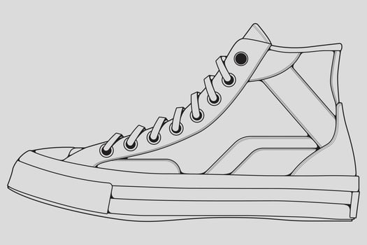 Shoes sneaker outline drawing vector, Sneakers drawn in a sketch style, black line sneaker trainers template outline, vector Illustration.