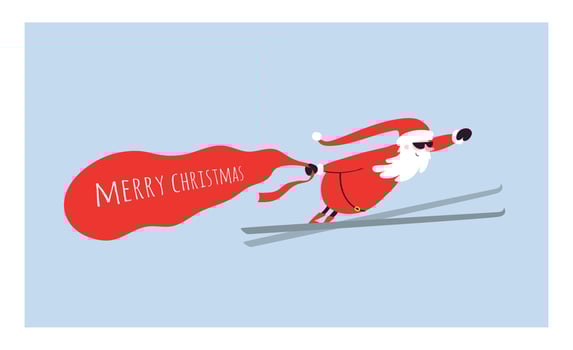 Cartoon Santa in goggles flies on skis with a bag of gifts in his hand. Merry Christmas is coming. Santa Claus delivers gifts. Flat vector stock illustration horizontal isolated on blue background.