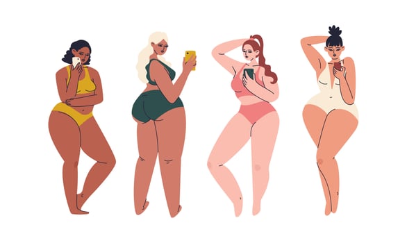 Set of hand drawn plus size young women with smartphone. Girls of various looks and body types are photographed in trendy swimwear colors. Vector stock illustration isolated in cartoon style.