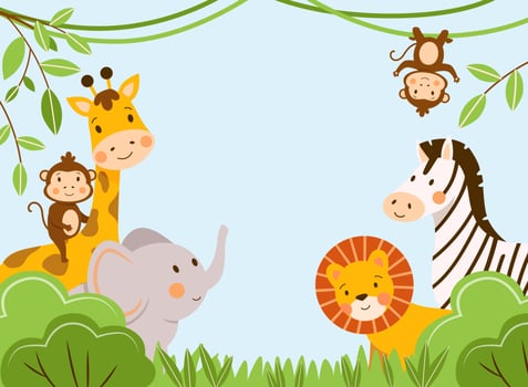 Group of African kids animals in the rainforest vector illustration