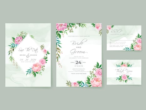Pink Roses wedding invitation card set vector
