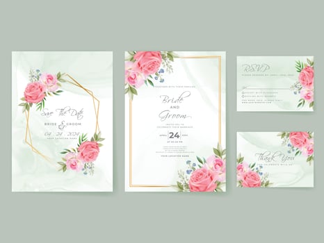 Pink Roses wedding invitation card set vector