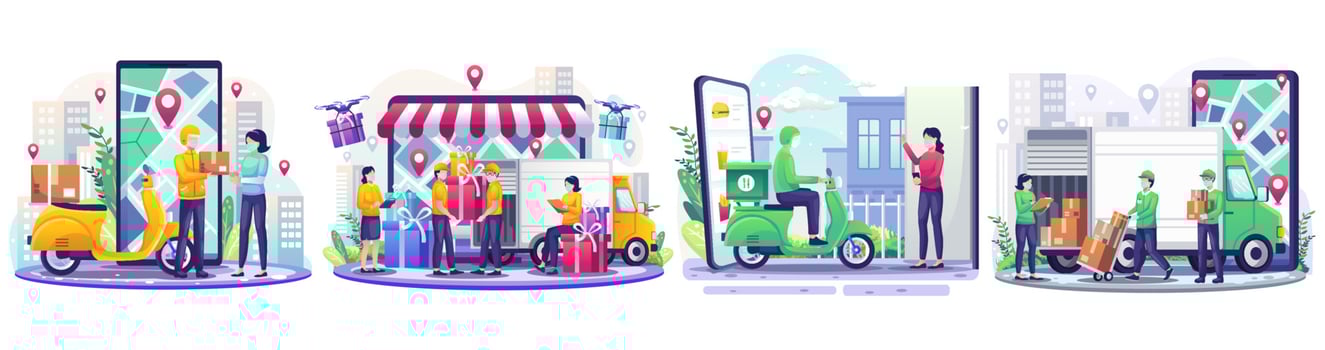 Set of Delivery concept illustration with Delivery man courier and scooter deliver a parcel to customer. Online Food Delivery. Flat style vector illustration