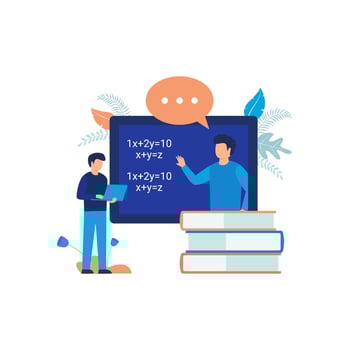 Education vector illustration. Man standing next to blackboard and pile of books. Flat design suitable for many purposes.
