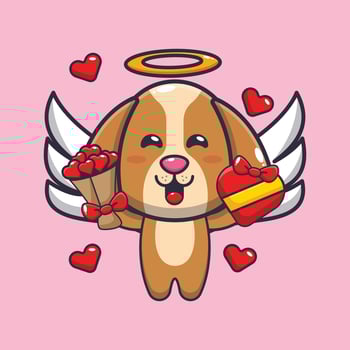 cute dog cupid cartoon character holding love gift and love bouquet vector