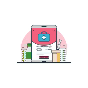 Illustration for buy online medicine or pharmacy with smartphone concept. Design vector with flat style